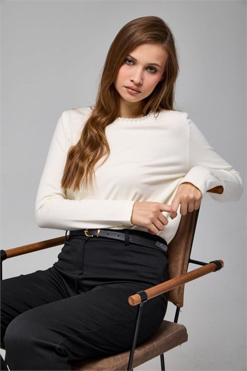 Wholesale Womens Ecru Soft-Textured Knit Sweater with Pearl-Embellished Collar