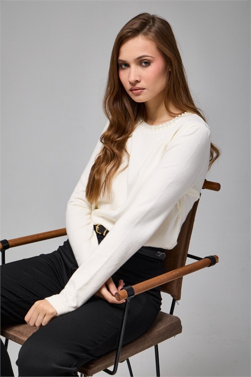Wholesale Womens Ecru Soft-Textured Knit Sweater with Pearl-Embellished Collar