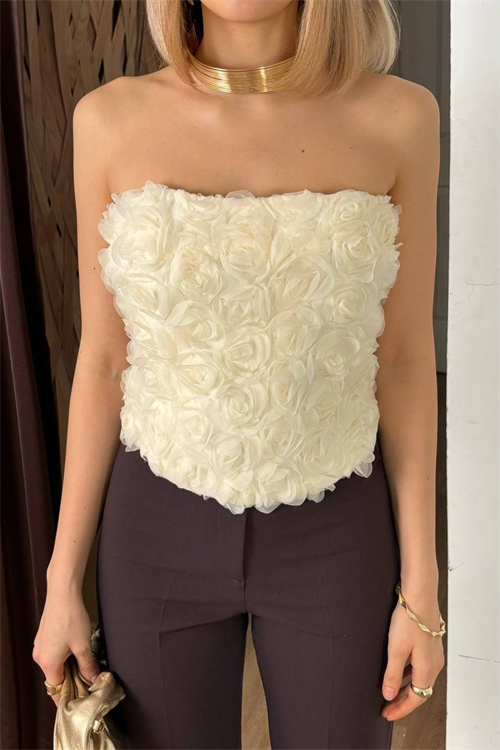 Wholesale Womens Ecru Strapless Lace-Up Back Top with Rosette Draping