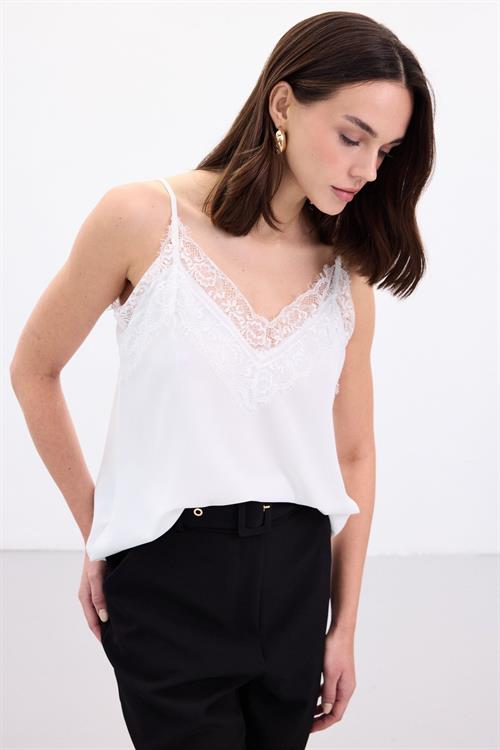 Wholesale Womens Ecru Strappy Blouse with Lace Trim