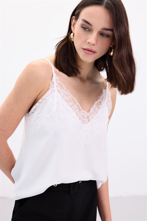 Wholesale Womens Ecru Strappy Blouse with Lace Trim