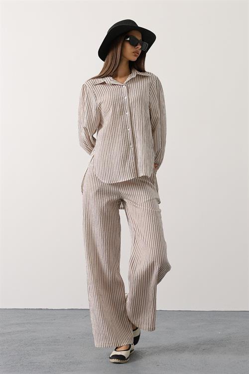 Wholesale Womens Ecru Striped Two-Piece Set – Shirt and Pants