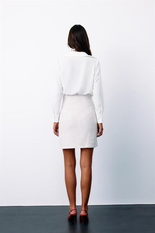 Wholesale Womens Ecru Tweed Mini Skirt with Rhinestone and Pearl Embellishment