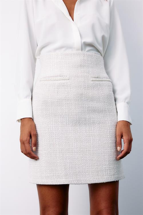 Wholesale Womens Ecru Tweed Mini Skirt with Rhinestone and Pearl Embellishment