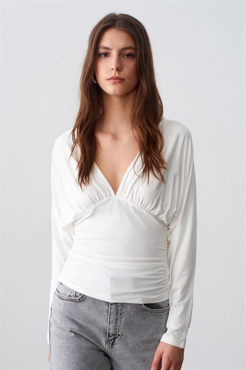 Wholesale Womens Ecru V-Neck Batwing Top with Underbust Gathering