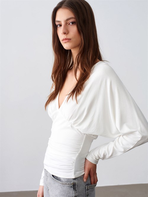 Wholesale Womens Ecru V-Neck Batwing Top with Underbust Gathering