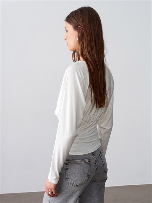 Wholesale Womens Ecru V-Neck Batwing Top with Underbust Gathering