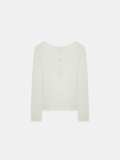 Wholesale Womens Ecru Wool Long-Sleeve Blouse with Buttoned Half Placket