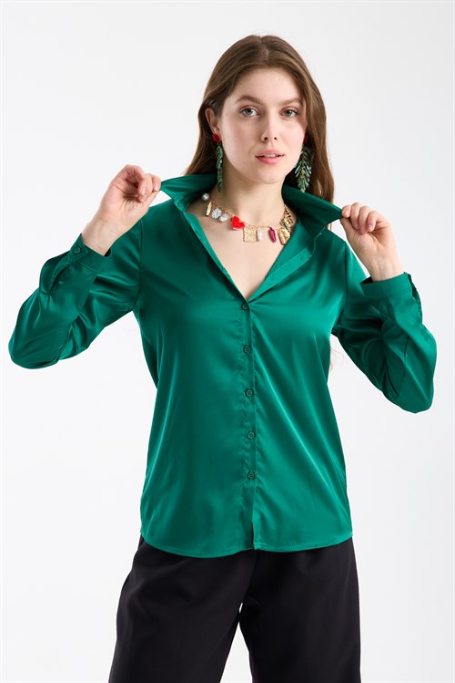 Wholesale Womens Emerald Green Satin Long-Sleeve Shirt