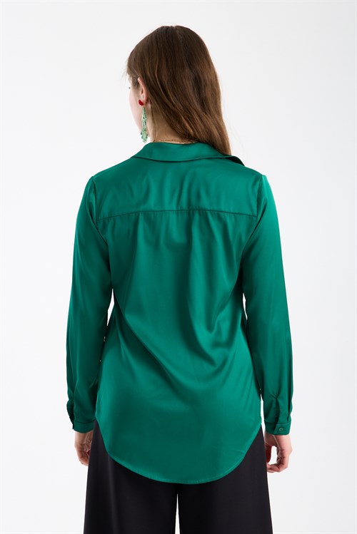 Wholesale Womens Emerald Green Satin Long-Sleeve Shirt