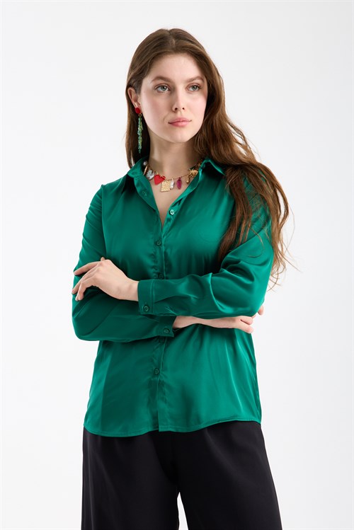 Wholesale Womens Emerald Green Satin Long-Sleeve Shirt