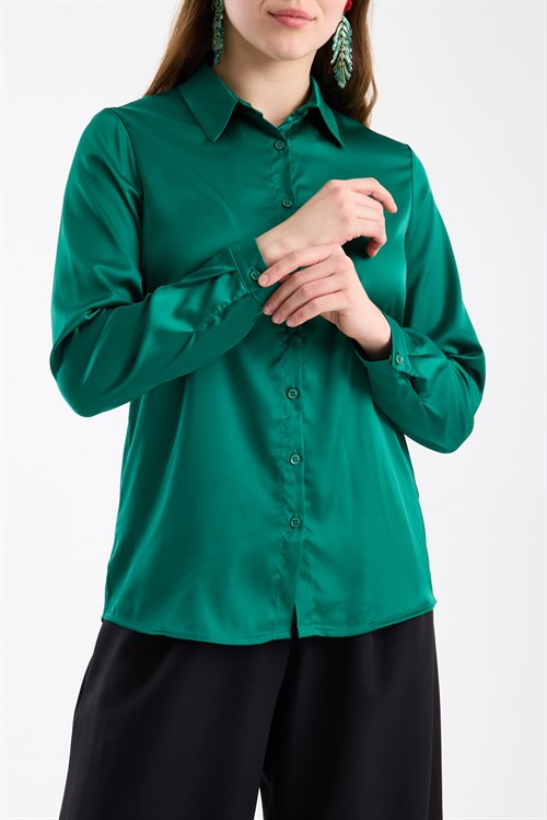 Wholesale Womens Emerald Green Satin Long-Sleeve Shirt