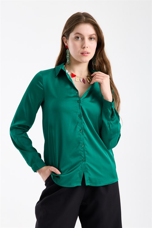 Wholesale Womens Emerald Green Satin Long-Sleeve Shirt
