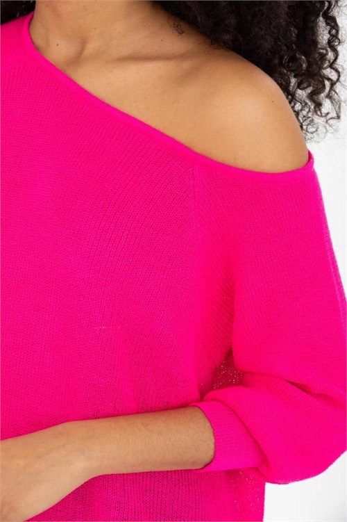 Wholesale Womens Fuchsia Boat-Neck Mercerized Knit Sweater with Raglan Sleeves