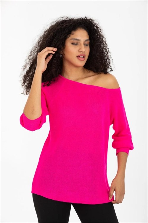 Wholesale Womens Fuchsia Boat-Neck Mercerized Knit Sweater with Raglan Sleeves