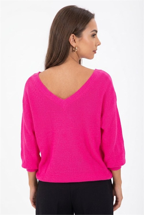 Wholesale Womens Fuchsia Relaxed-Fit Mercerized Knit Sweater with Front and Back V-Neck