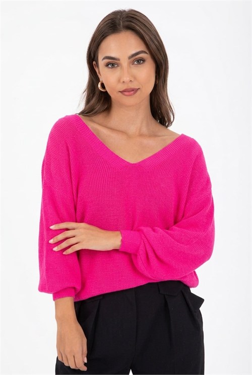 Wholesale Womens Fuchsia Relaxed-Fit Mercerized Knit Sweater with Front and Back V-Neck