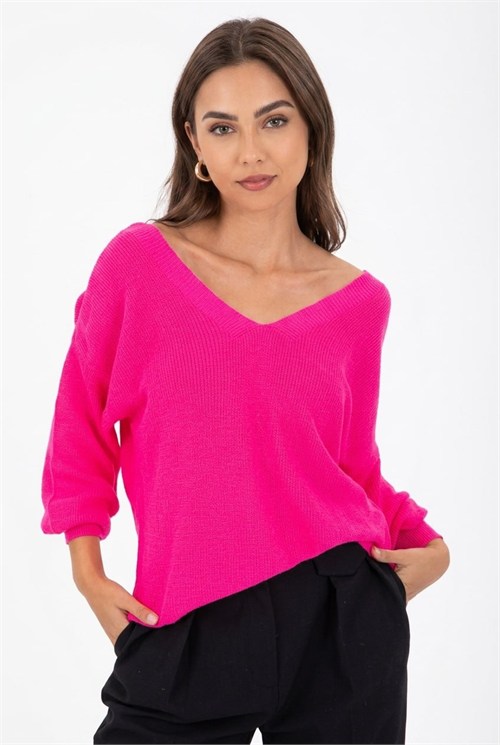 Wholesale Womens Fuchsia Relaxed-Fit Mercerized Knit Sweater with Front and Back V-Neck