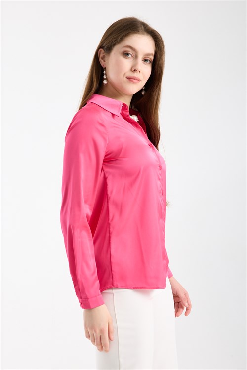 Wholesale Womens Fuchsia Satin Long-Sleeve Shirt