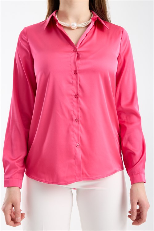Wholesale Womens Fuchsia Satin Long-Sleeve Shirt