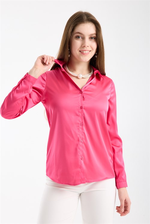 Wholesale Womens Fuchsia Satin Long-Sleeve Shirt