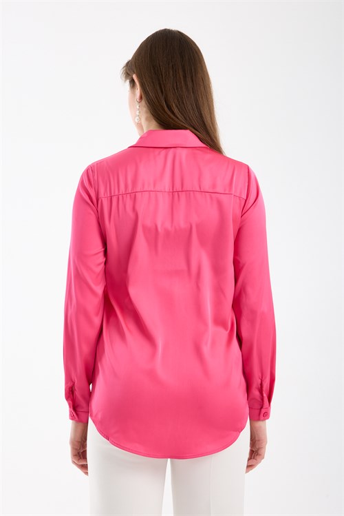 Wholesale Womens Fuchsia Satin Long-Sleeve Shirt