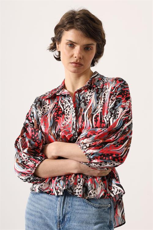 Wholesale Womens Fuchsia Satin Shirt with Gathered Elastic Waist and Half Placket