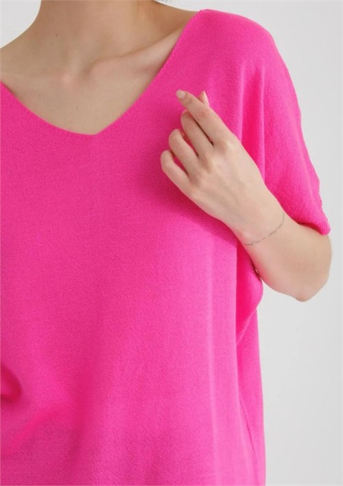 Wholesale Womens Fuchsia V-Neck Mercerized Knit Sweater with Short Sleeves
