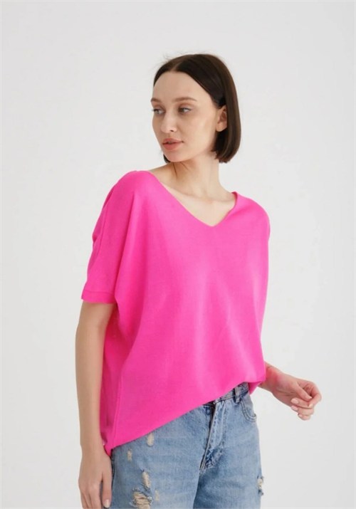 Wholesale Womens Fuchsia V-Neck Mercerized Knit Sweater with Short Sleeves