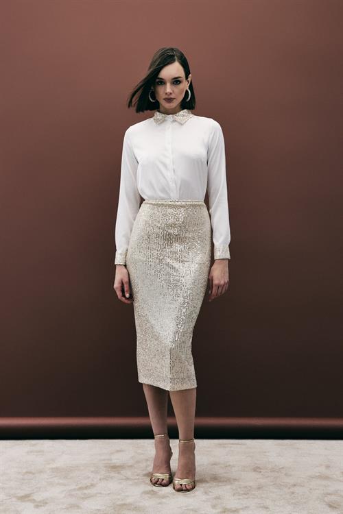 Wholesale Womens Gold Midi-Length Sequined Pencil Skirt