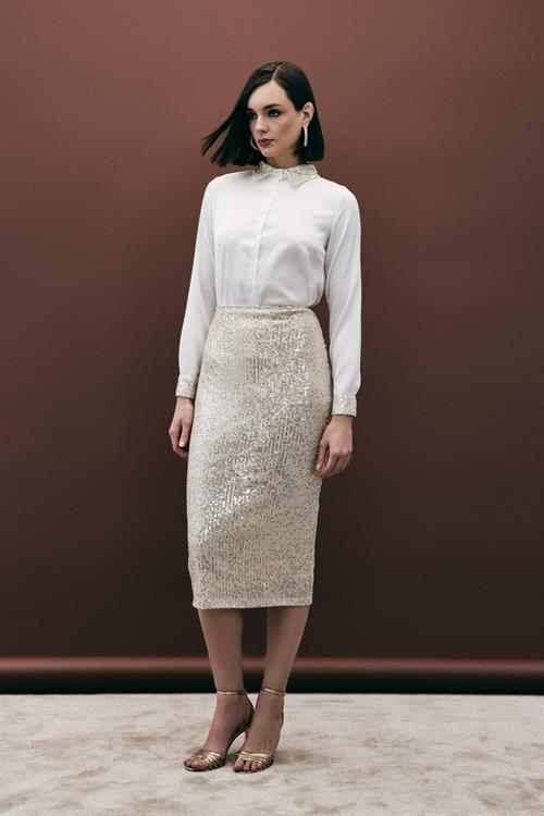 Wholesale Womens Gold Midi-Length Sequined Pencil Skirt