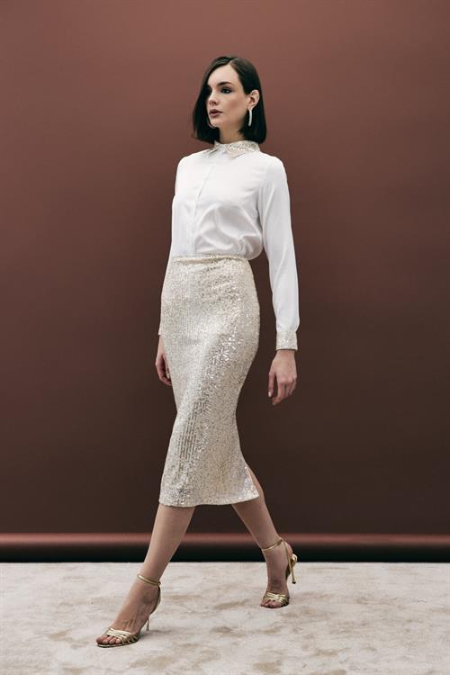 Wholesale Womens Gold Midi-Length Sequined Pencil Skirt