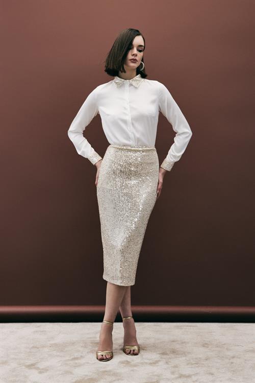Wholesale Womens Gold Midi-Length Sequined Pencil Skirt