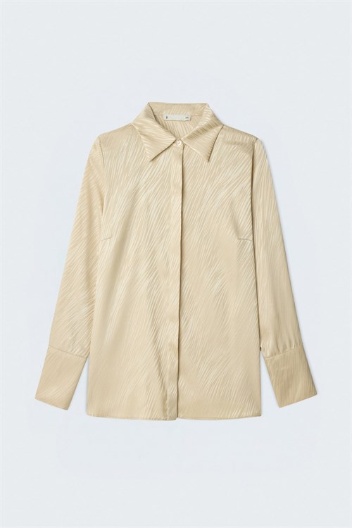 Wholesale Womens Gold Satin Jacquard Shirt with Wide Buttoned Cuffs