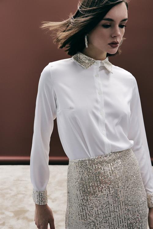 Wholesale Womens Gold Satin Shirt with Sequin-Embellished Collar and Cuffs