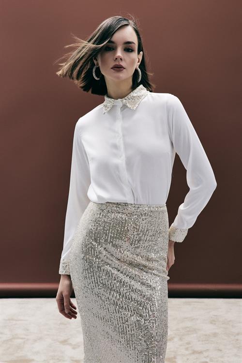 Wholesale Womens Gold Satin Shirt with Sequin-Embellished Collar and Cuffs