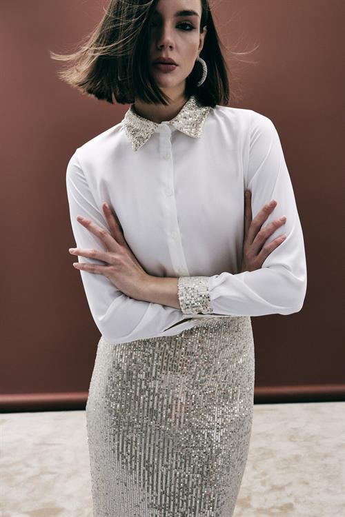 Wholesale Womens Gold Satin Shirt with Sequin-Embellished Collar and Cuffs