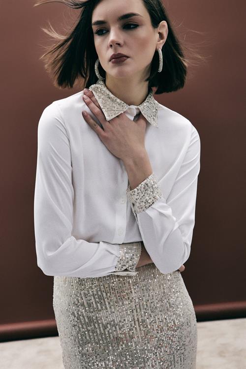 Wholesale Womens Gold Satin Shirt with Sequin-Embellished Collar and Cuffs