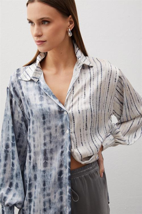 Wholesale Womens Gray Balloon-Sleeve Patterned Shirt