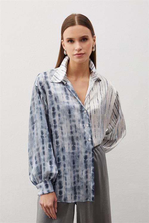 Wholesale Womens Gray Balloon-Sleeve Patterned Shirt