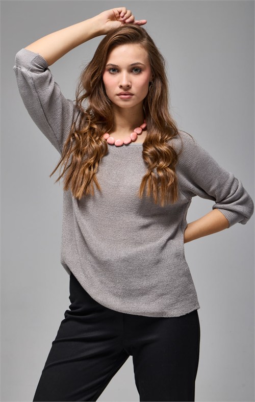 Wholesale Womens Gray Boat-Neck Mercerized Knit Sweater with Raglan Sleeves