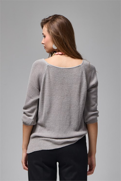 Wholesale Womens Gray Boat-Neck Mercerized Knit Sweater with Raglan Sleeves
