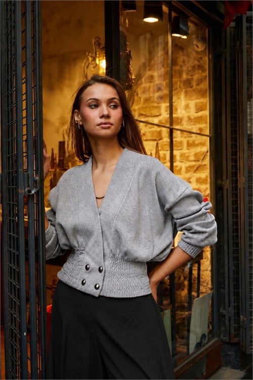 Wholesale Womens Gray Cinched-Waist Dolman-Sleeve Knit Jacket