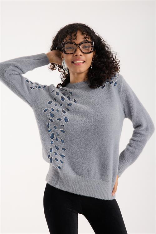 Wholesale Womens Gray Crew-Neck Knit Sweater with Beaded Embroidery