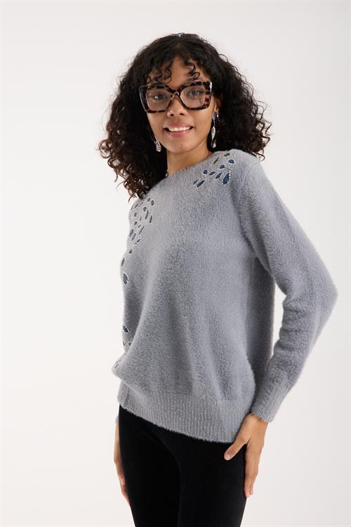 Wholesale Womens Gray Crew-Neck Knit Sweater with Beaded Embroidery