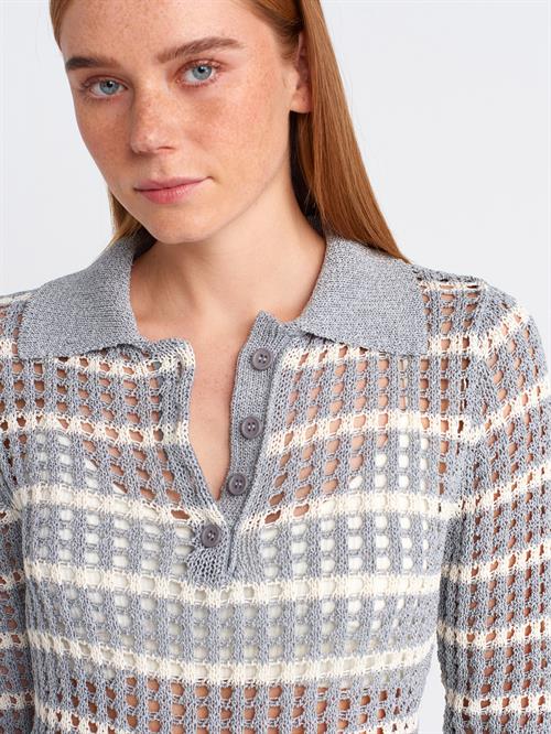 Wholesale Womens Gray-Ecru Polo Collar Openwork Knit Sweater