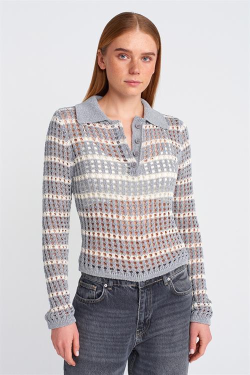 Wholesale Womens Gray-Ecru Polo Collar Openwork Knit Sweater