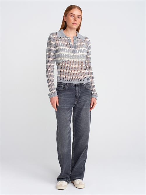 Wholesale Womens Gray-Ecru Polo Collar Openwork Knit Sweater