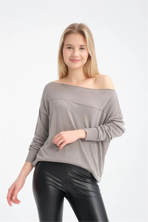 Wholesale Womens Gray Fine Knit Sweater with Boat Neck and Drop Shoulders