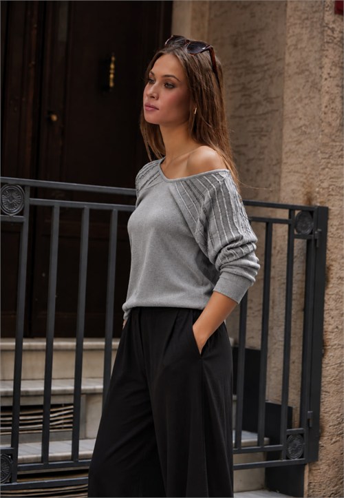 Wholesale Womens Gray Lurex-Thread Textured Yoke Knit Sweater